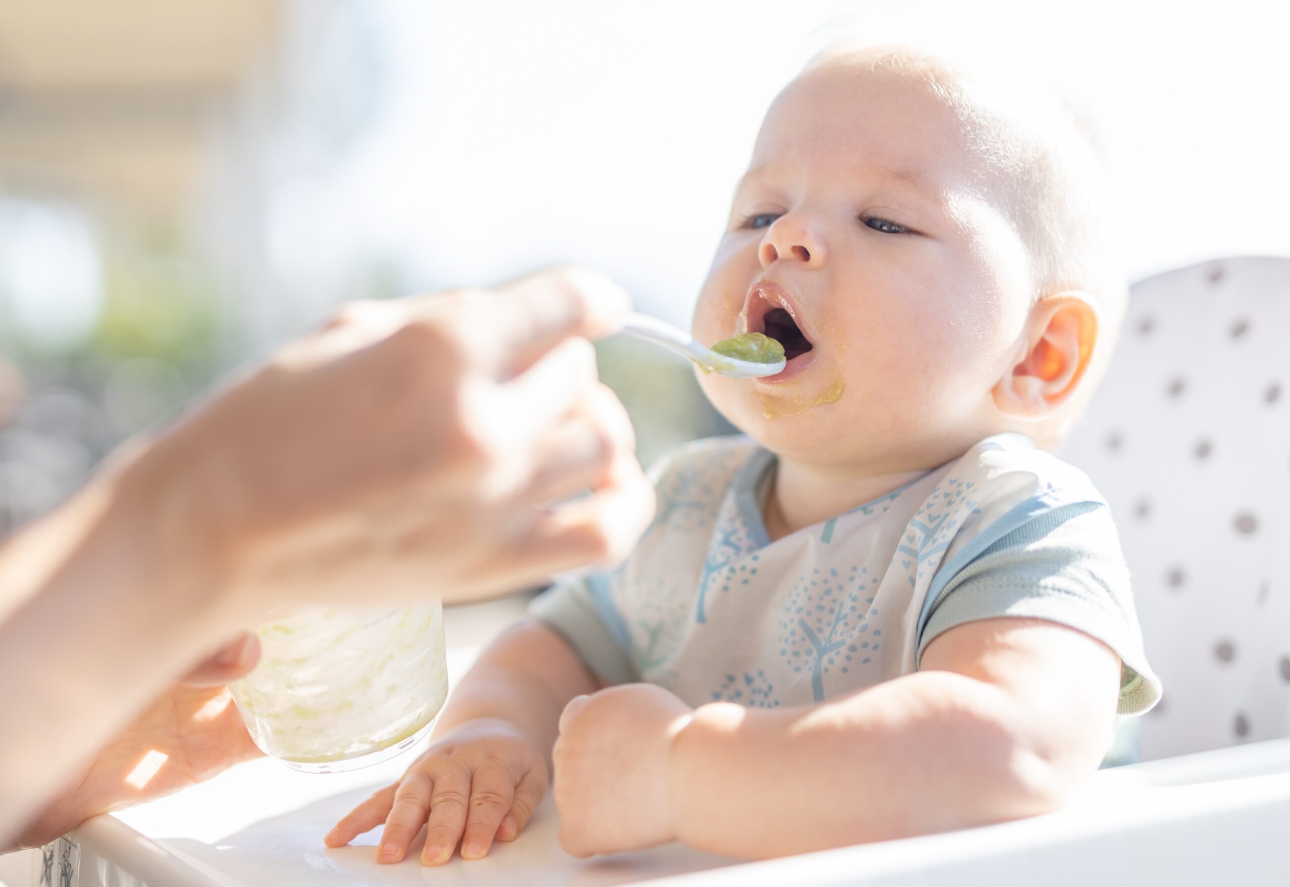 introducing solid foods to baby parent feeding infant first pureed foods high chair